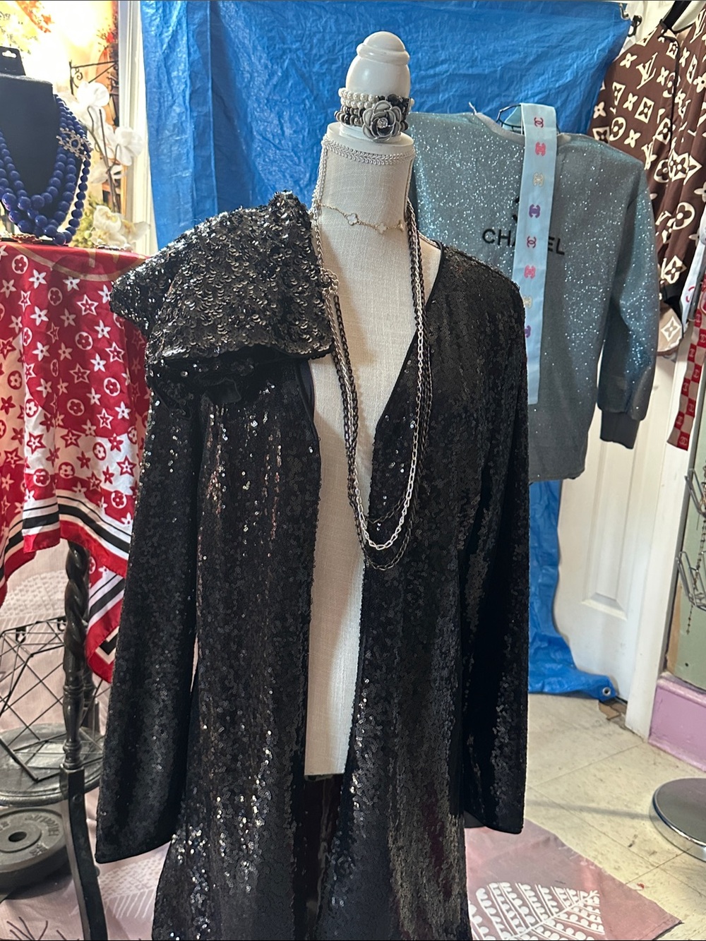 Black Sequin Open-Front Women's Sweater Jacket